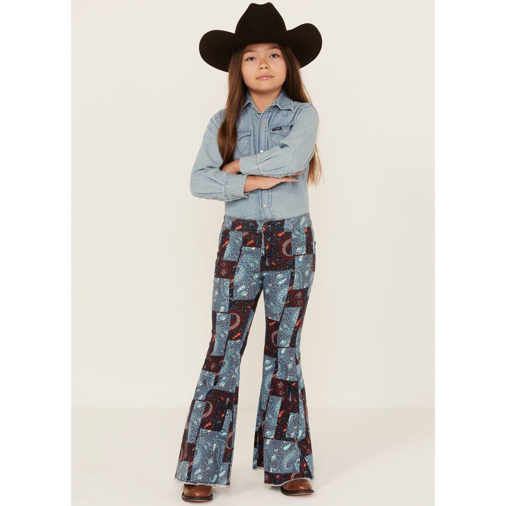 Rock & Roll Denim Girls Patchwork Print Flare Jeans Size 14